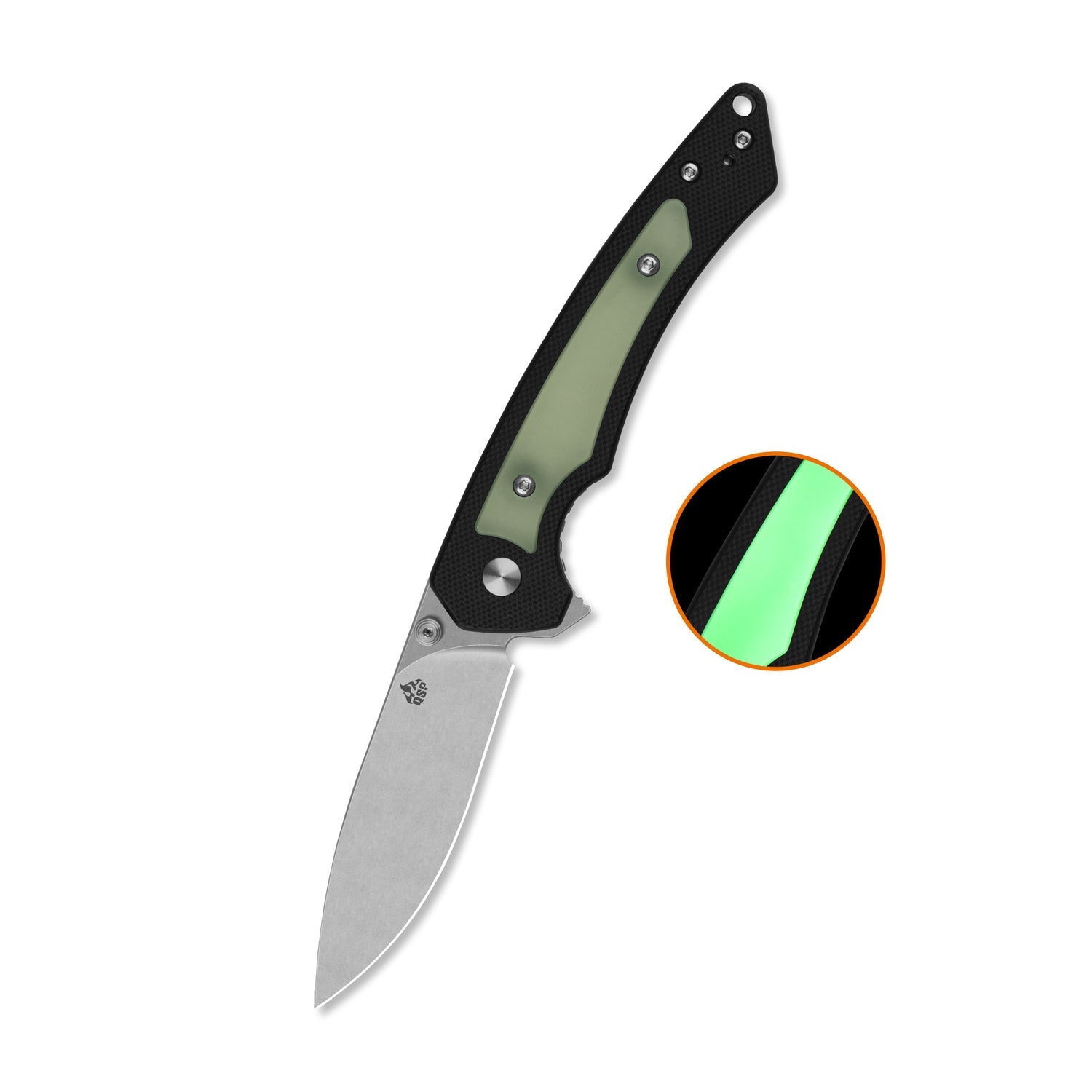 QSP Peregrine QS177-A1 Stonewashed 10Cr15MoV Blade Glow in the Dark G10 inlay Black G10 Handle Liner Lock Folding Knife