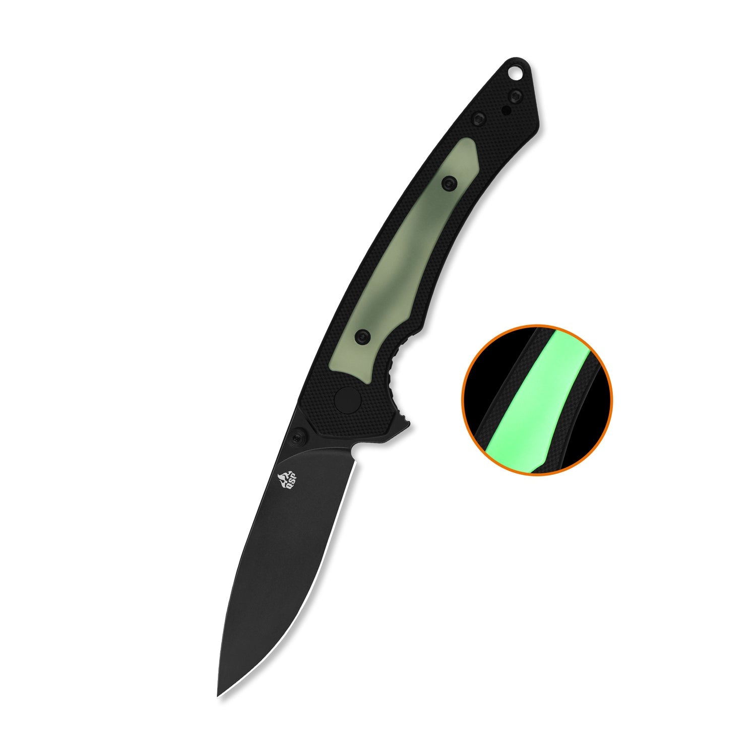 QSP Peregrine QS177-A2 Blackwashed 10Cr15MoV Blade Glow in the Dark G10 inlay Black G10 Handle Liner Lock Folding Knife