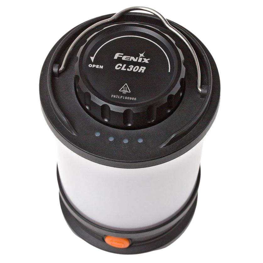 Side profile of the Fenix CL30R camping lantern showing the integrated hanging loop and tripod-ready base