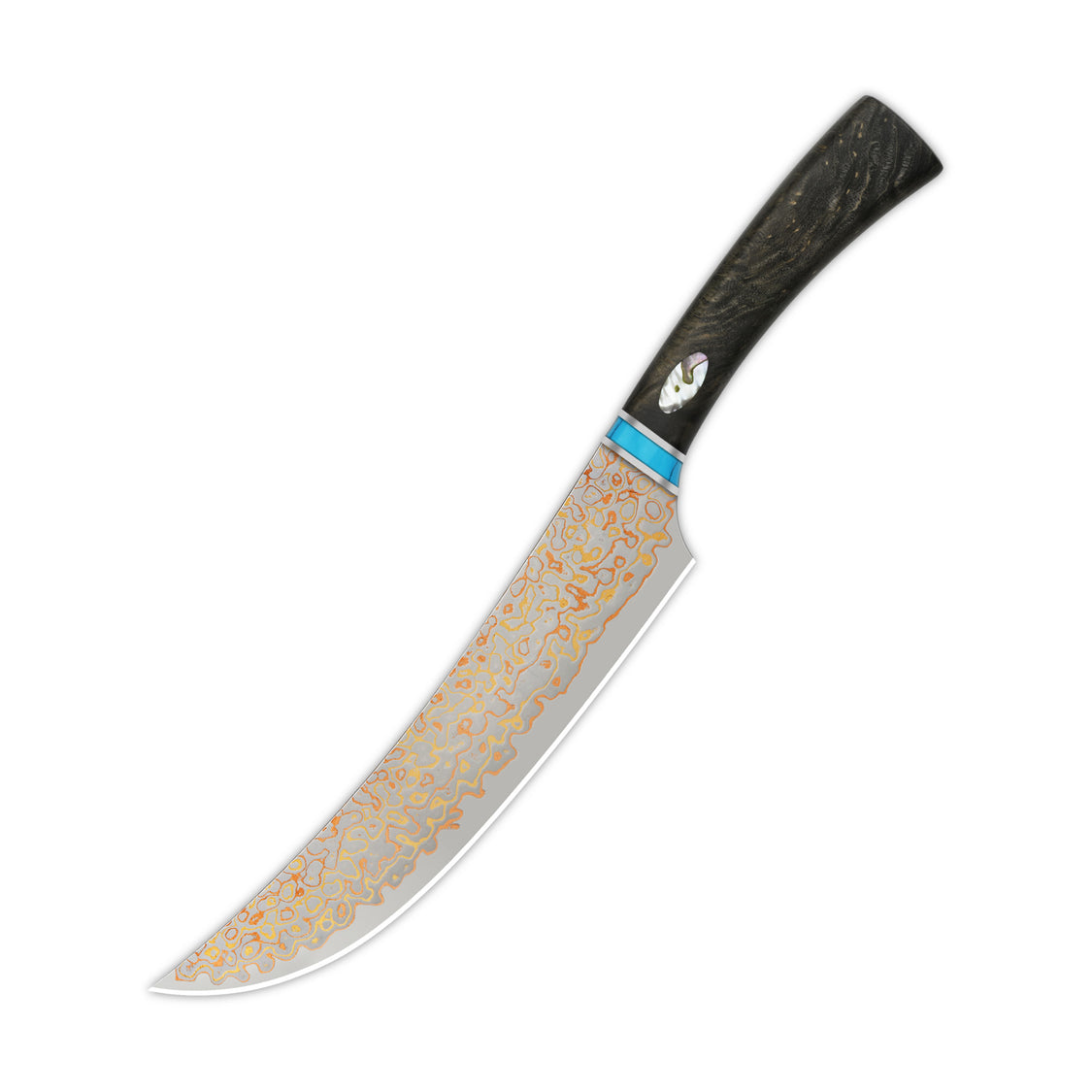QSP Kitchen Knife QS-KK-006B 7.75'' Butcher Knife Brass Copper Damascus Blade Stabilized Wood Handle with Abalone Shell Inlay Noble Series