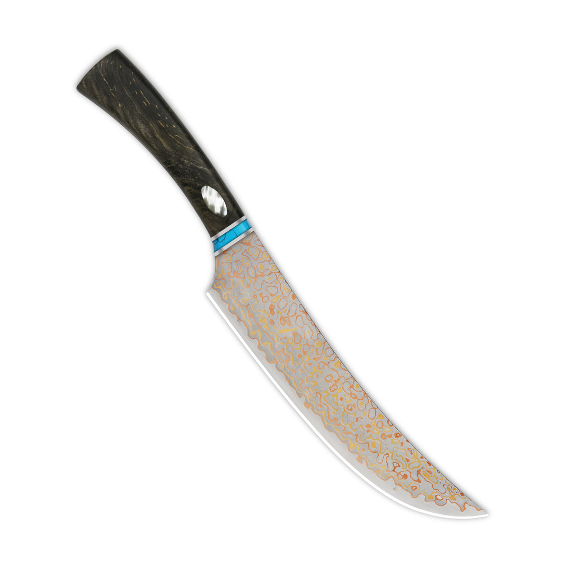 QSP Kitchen Knife QS-KK-006B 7.75'' Butcher Knife Brass Copper Damascus Blade Stabilized Wood Handle with Abalone Shell Inlay Noble Series