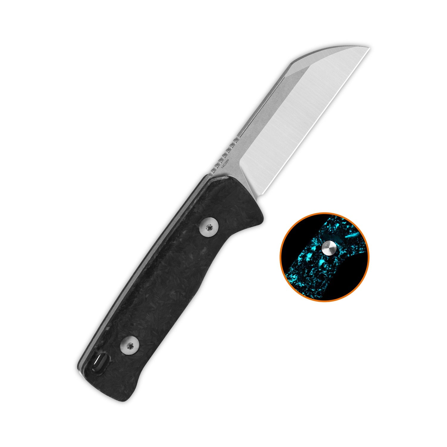 QSP Baby Penguin QS130BP-F1 14C28N Blade Blue Glow-in-the-dark shredded CF Handle with Clip Slip sheath Fixed Blade Knife