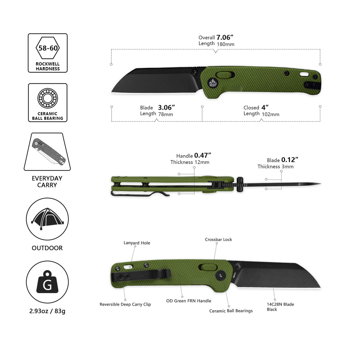 QSP Knife Penguin QS130GL-B2 Black 14C28N Blade OD Green FRN Handle Glyde Lock