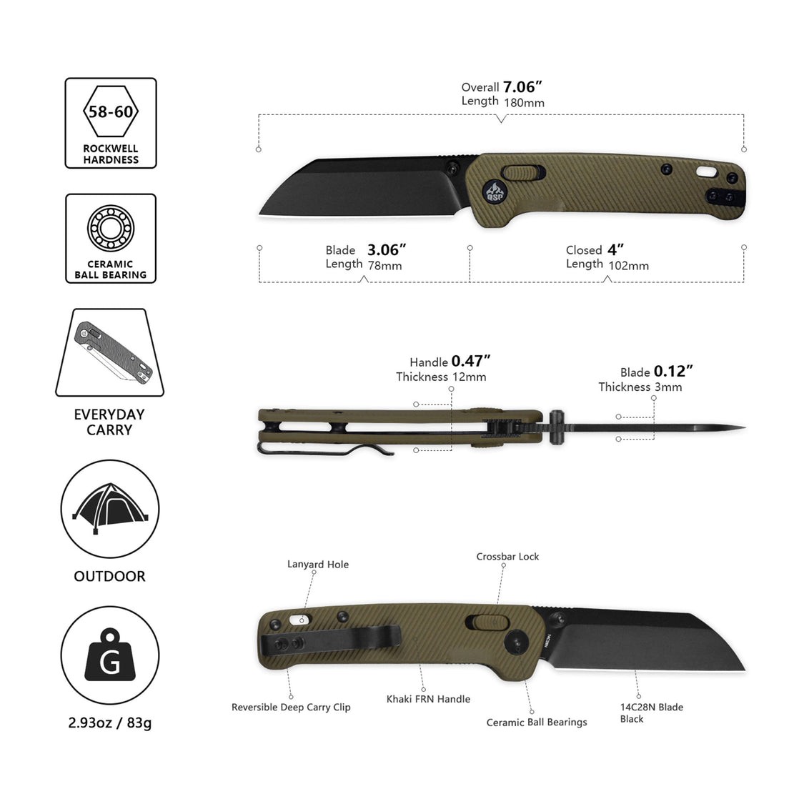 QSP Penguin QS130GL-C2 Black 14C28N Blade Khaki FRN Handle Glyde Lock Pocket Knife