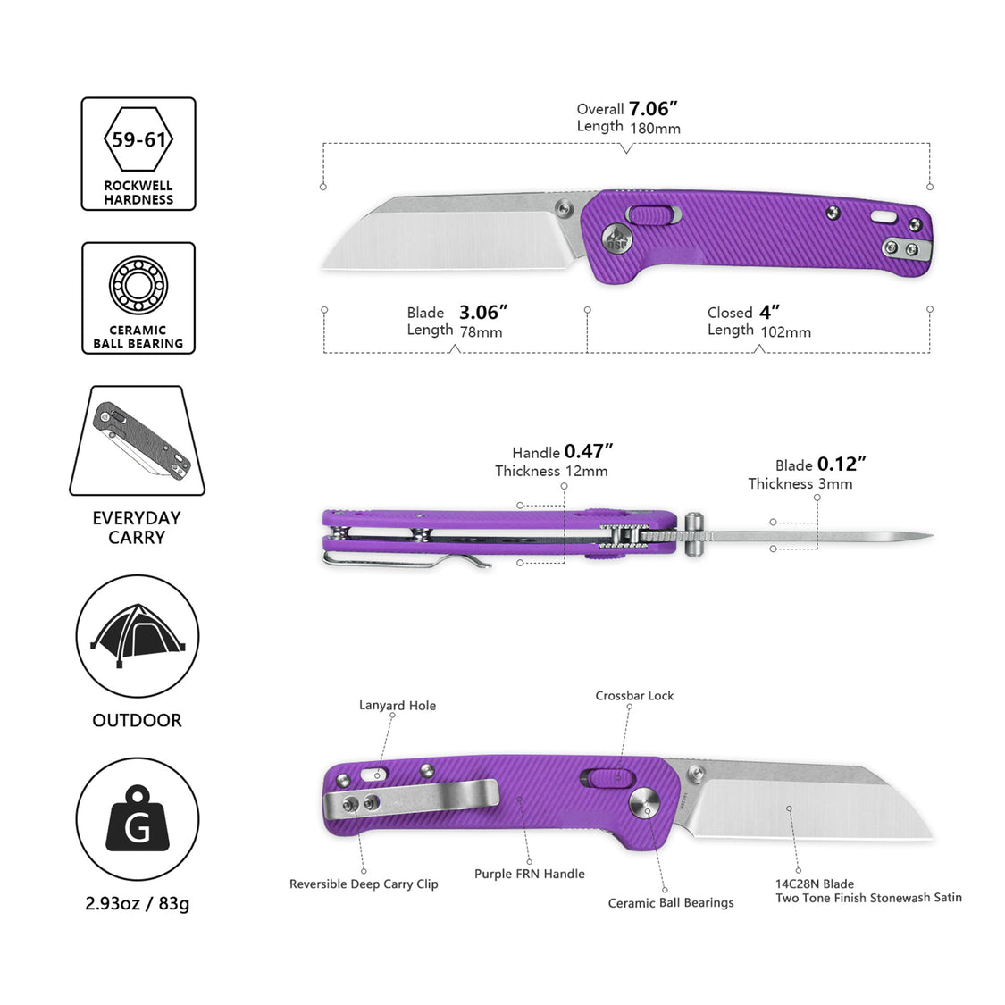 QSP Knife Penguin QS130GL-E1 14C28N Blade Purple FRN Handle Glyde Lock Pocket Knife