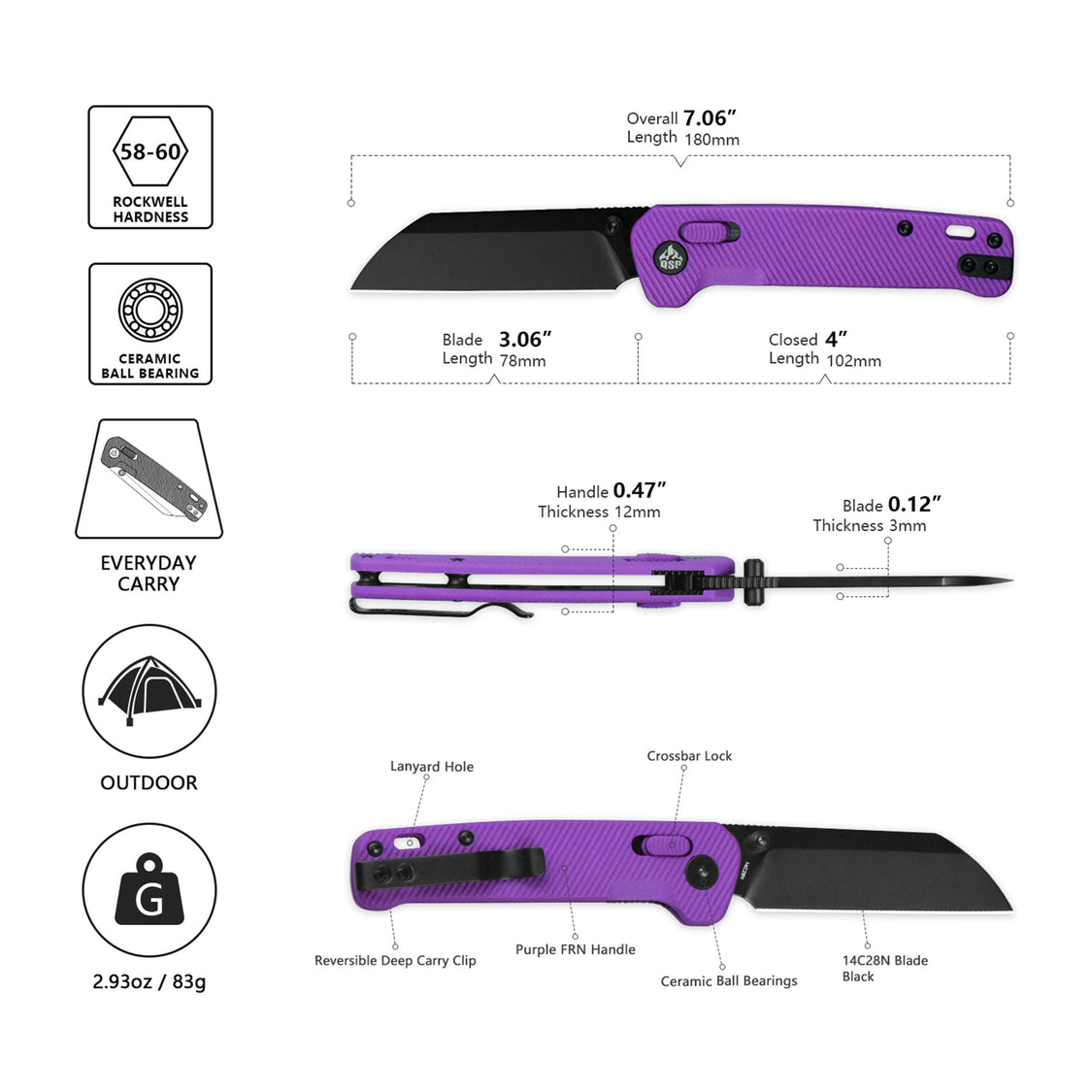 QSP Knife Penguin QS130GL-E2 14C28N Blade Purple FRN Handle Glyde Lock Pocket Knife