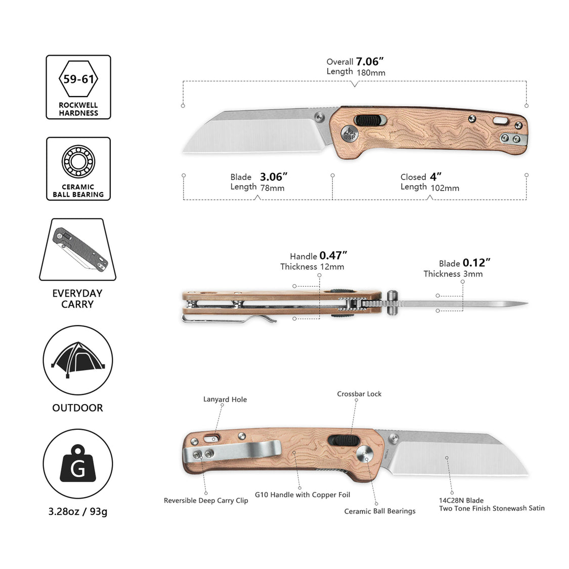 QSP Knives Penguin QS130GL-F1 14C28N Blade G10 with Copper Foil Handle Glyde Lock Pocket Knife