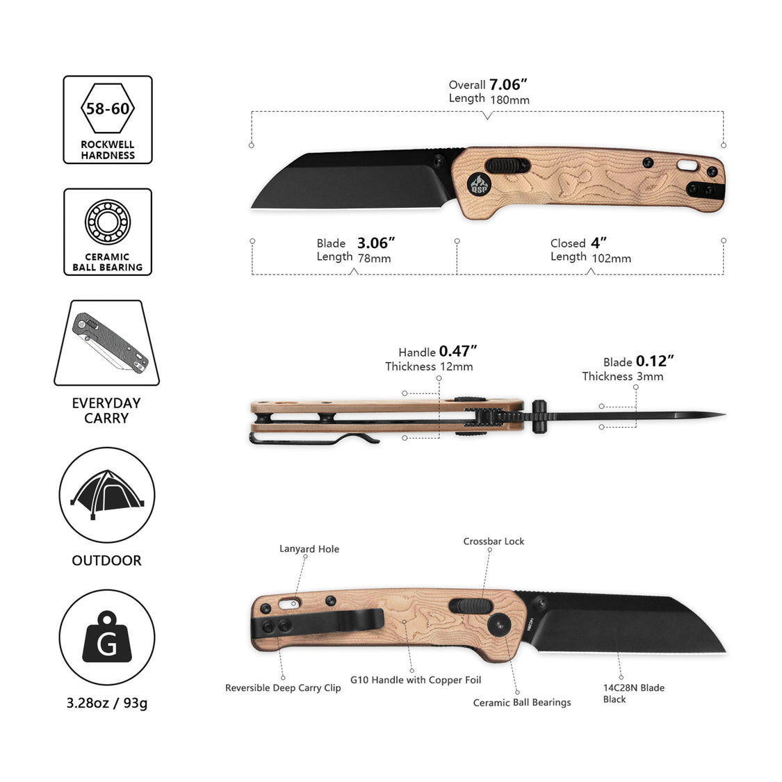 QSP Knives Penguin QS130GL-F2 14C28N Blade G10 with Copper Foil Handle Glyde Lock Pocket Knife