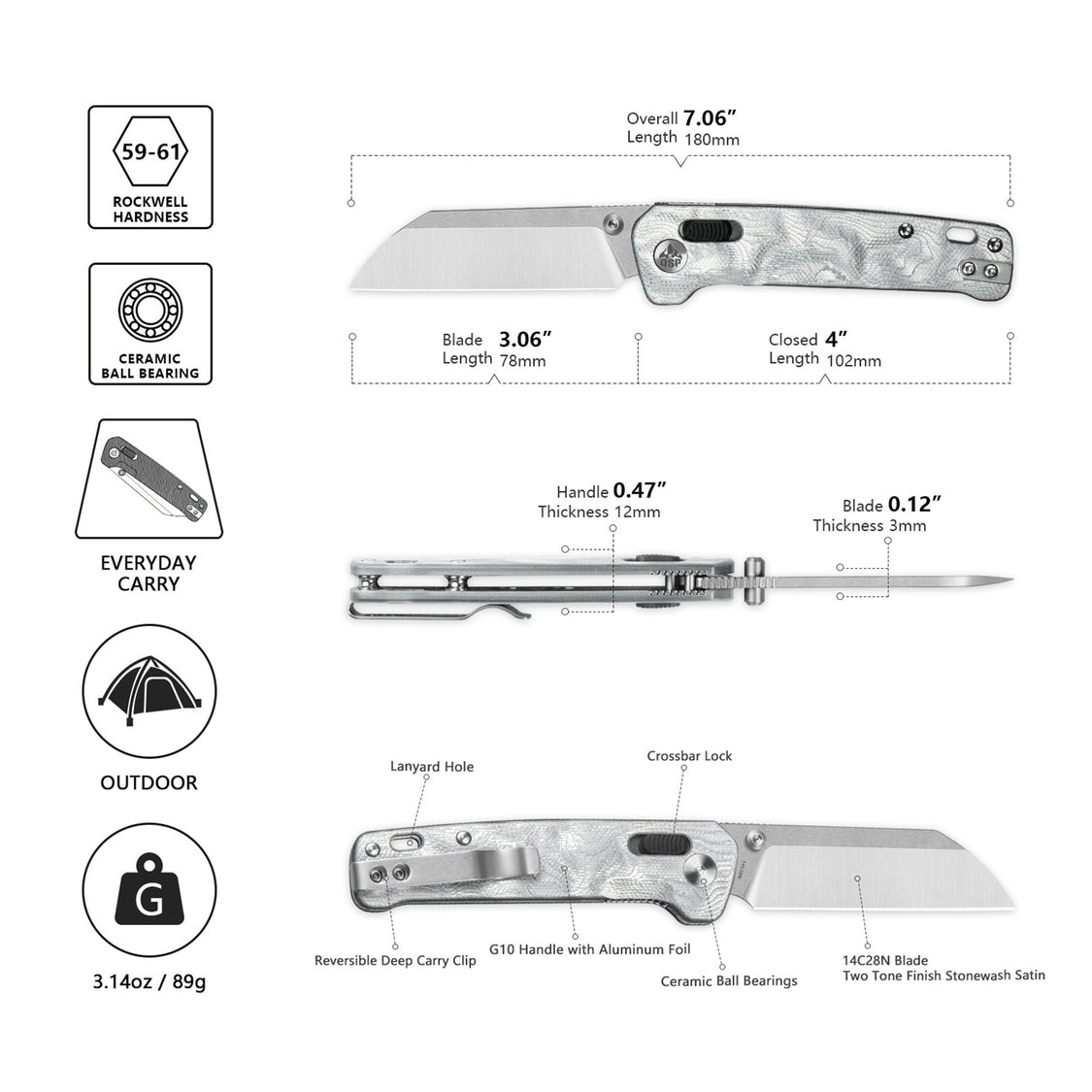 QSP Knife Penguin QS130GL-G1 14C28N Blade G10 with Aluminum Foil Handle Glyde Lock Pocket Knife