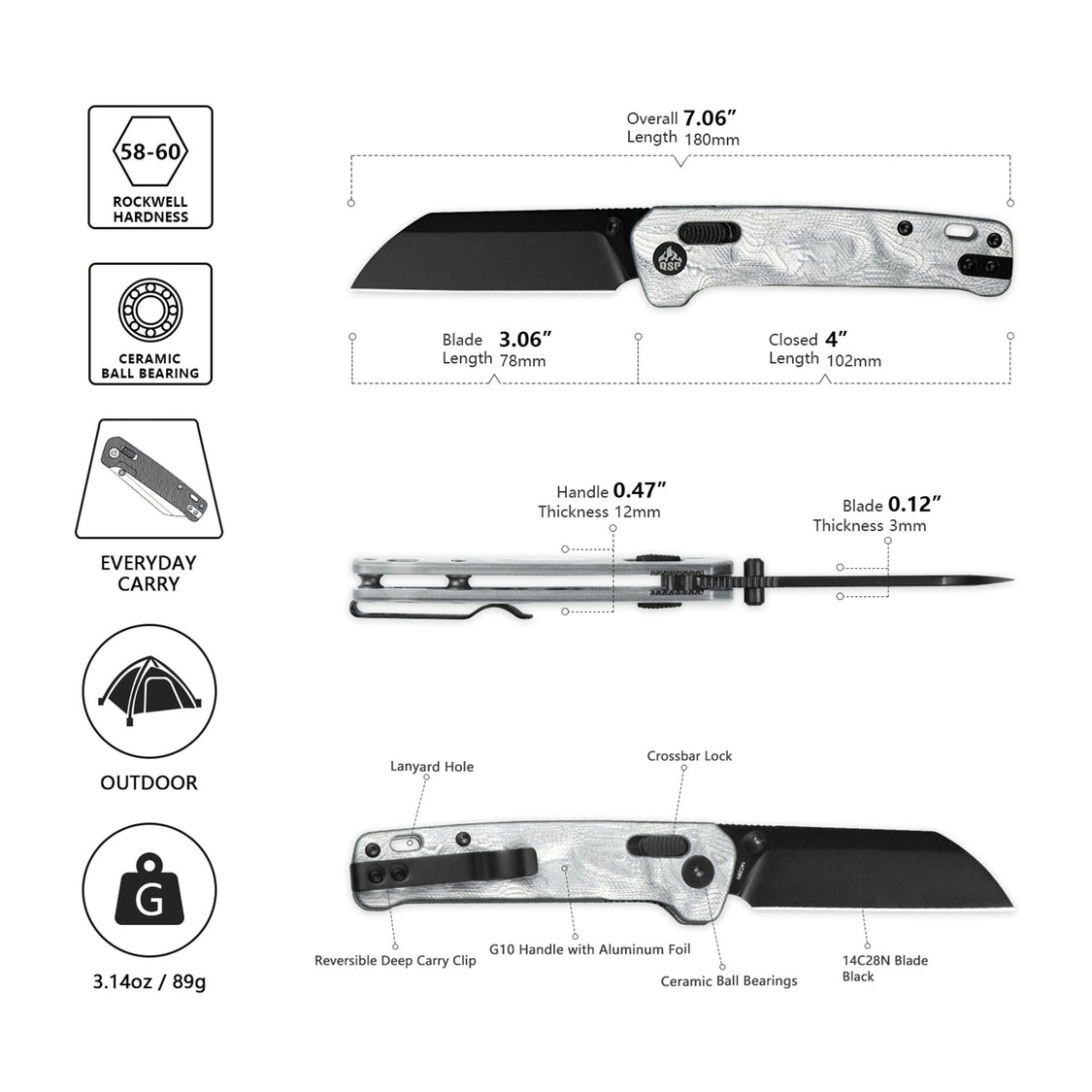 QSP Knife Penguin QS130GL-G2 14C28N Blade G10 with Aluminum Foil Handle Glyde Lock Pocket Knife