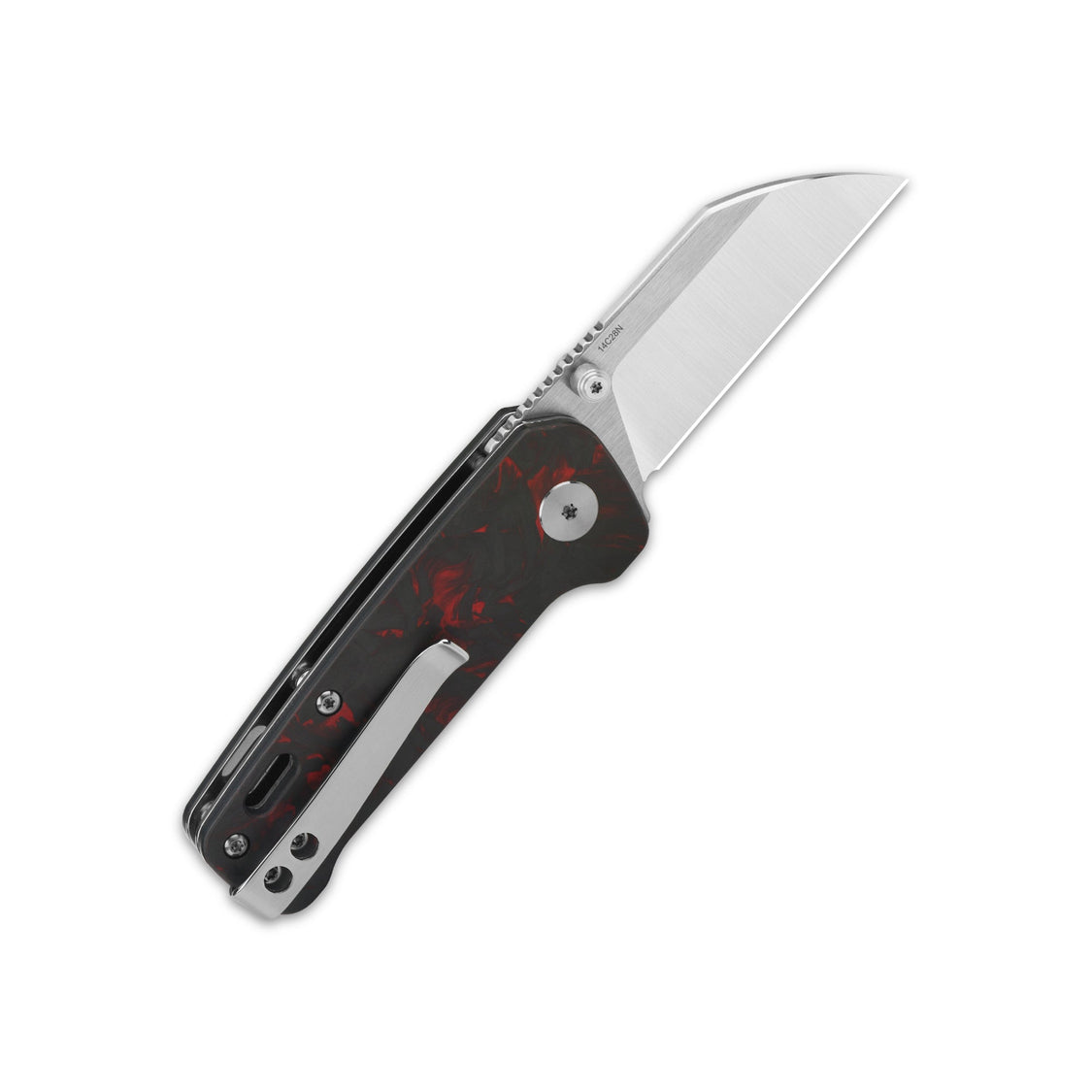 QSP Penguin Mini Liner QS130XS-E1 14C28N Blade Red Shredded CF overlay G10 Handle Lock Pocket Knife