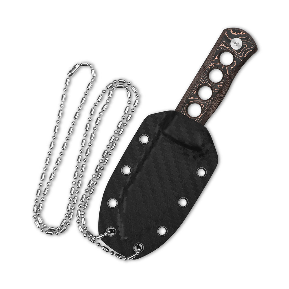 QSP Canary QS141-F Damascus Blade Aluminum/Copper Foil CF Handle with Kydex Sheath Neck Knife