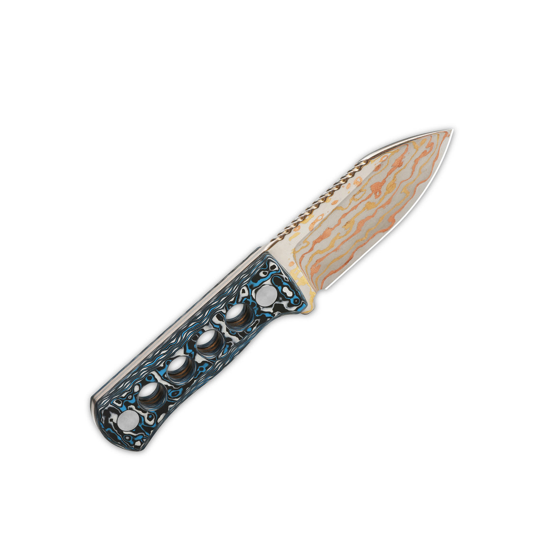 QSP Canary QS141-G Brass Copper Damascus Blade Camo CF Handle Neck Knife