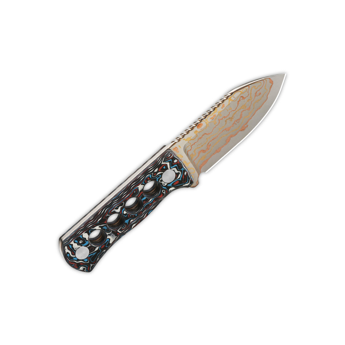 QSP Canary QS141-H Brass Copper Damascus Blade Camo CF Handle Neck Knife