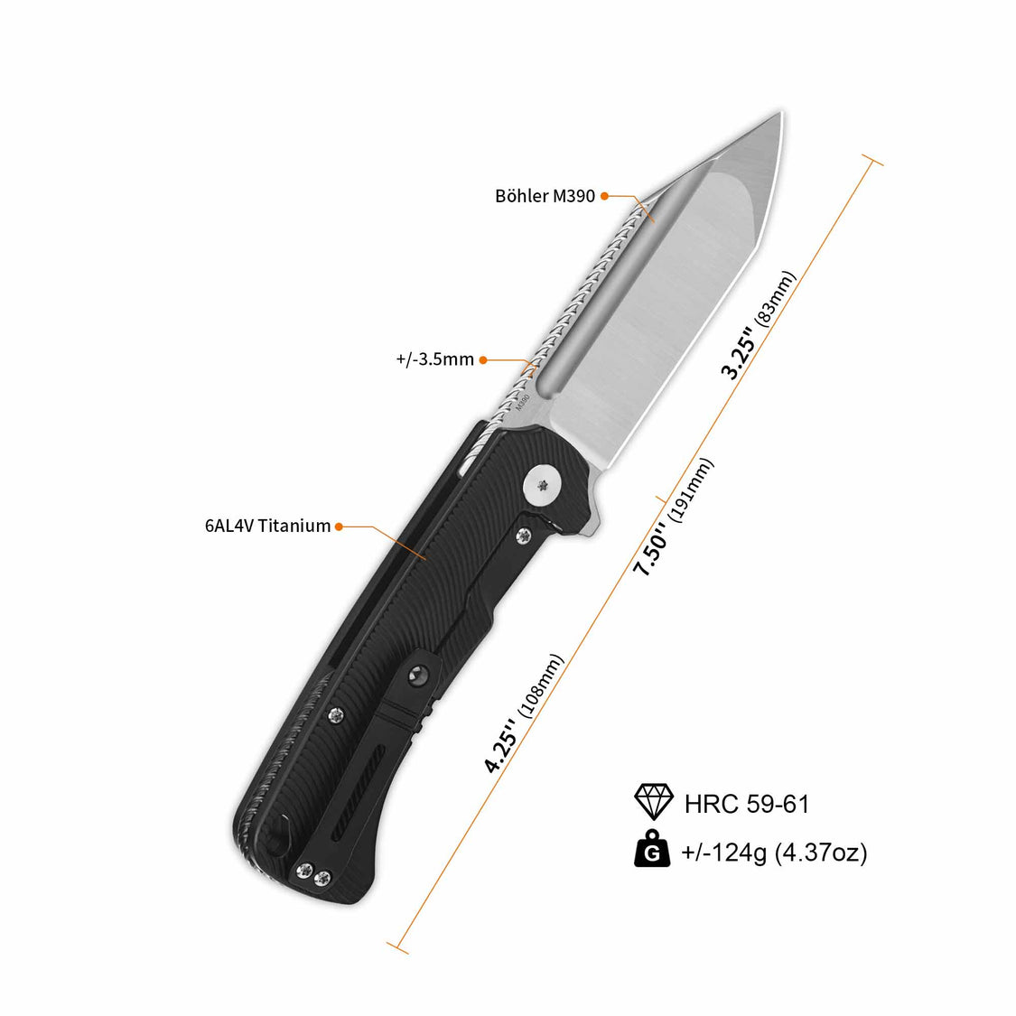 QSP Rhino QS143-H  Böhler M390 Compound blade Texture Titanium handle Frame lock Pocket knife