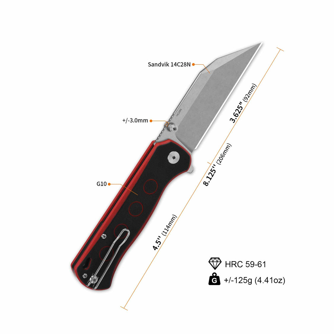 QSP Swordfish QS149-A1 14C28N blade Black/Red G10 handle Button Lock Pocket Knife