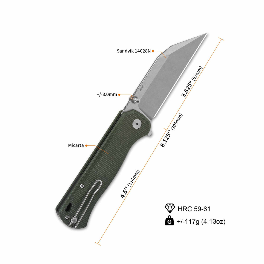 QSP Swordfish QS149-B1 14C28N blade Green Micarta handle Button Lock Pocket Knife