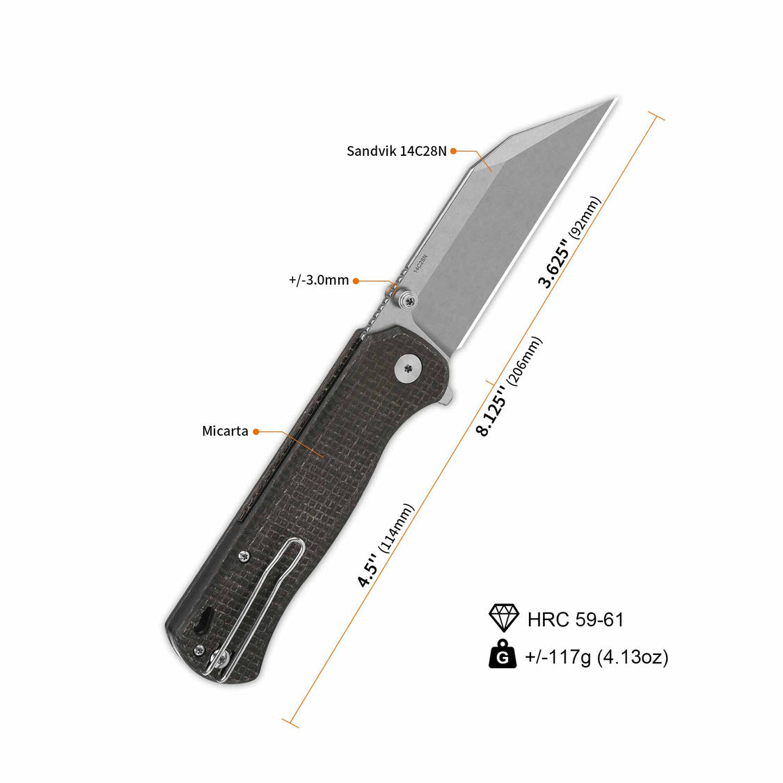 QSP Swordfish QS149-C1 14C28N blade Dark Brown Micarta handle Button Lock Pocket Knife