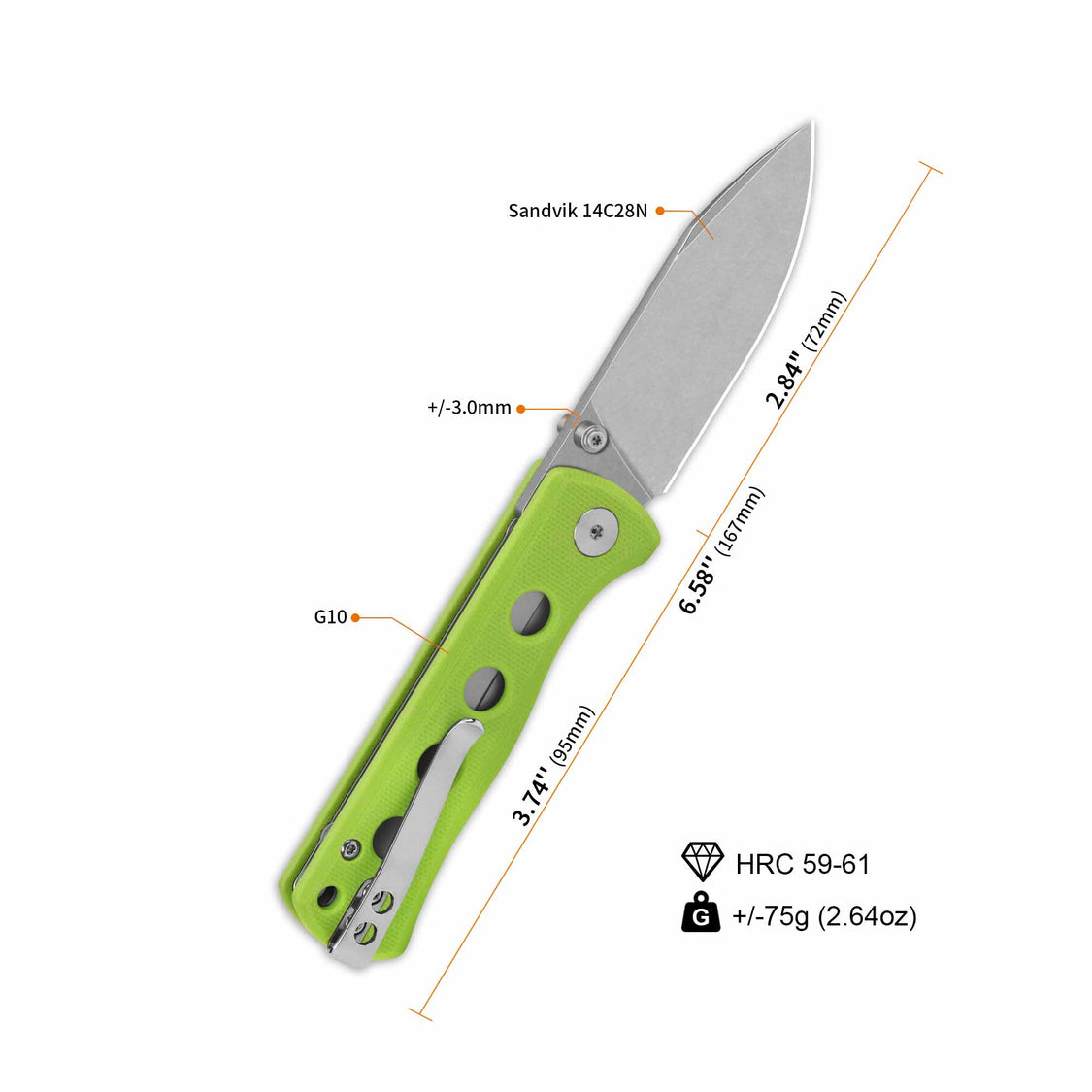 QSP Canary Folder QS150-C1 14C28N Blade Neon G10 Handle Liner Lock Pocket Knife