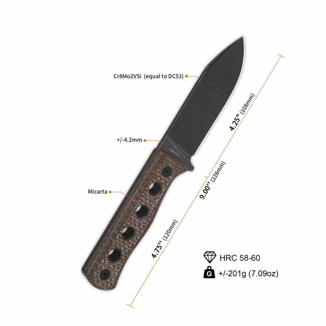 QSP QS155-A2 Canary Fixed Blade Knife Cr8Mo2VSi(DC53) Blade Dark Brown Micarta Handle