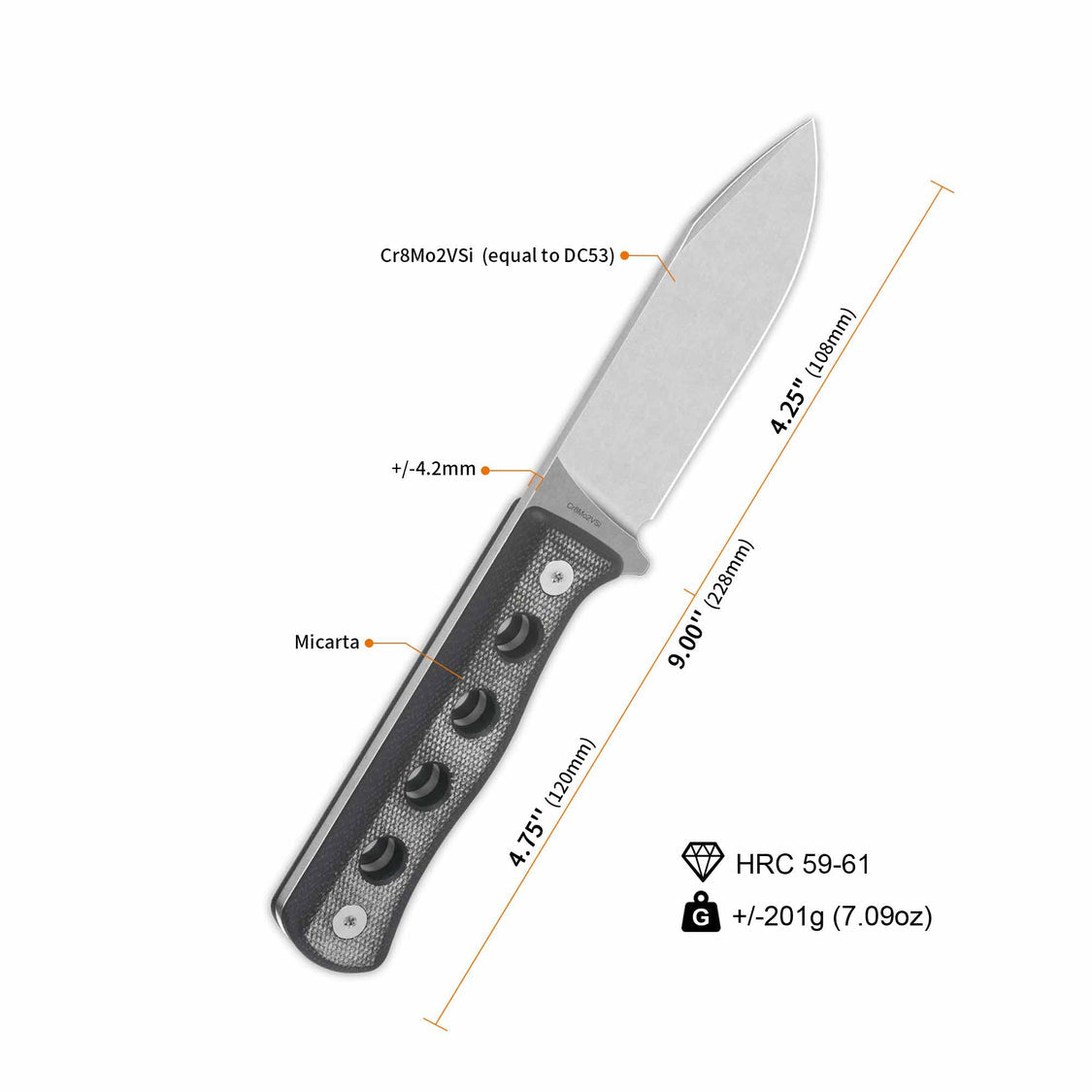 QSP QS155-B1 Canary Fixed Blade Knife Cr8Mo2VSi(DC53) Blade Black Micarta Handle