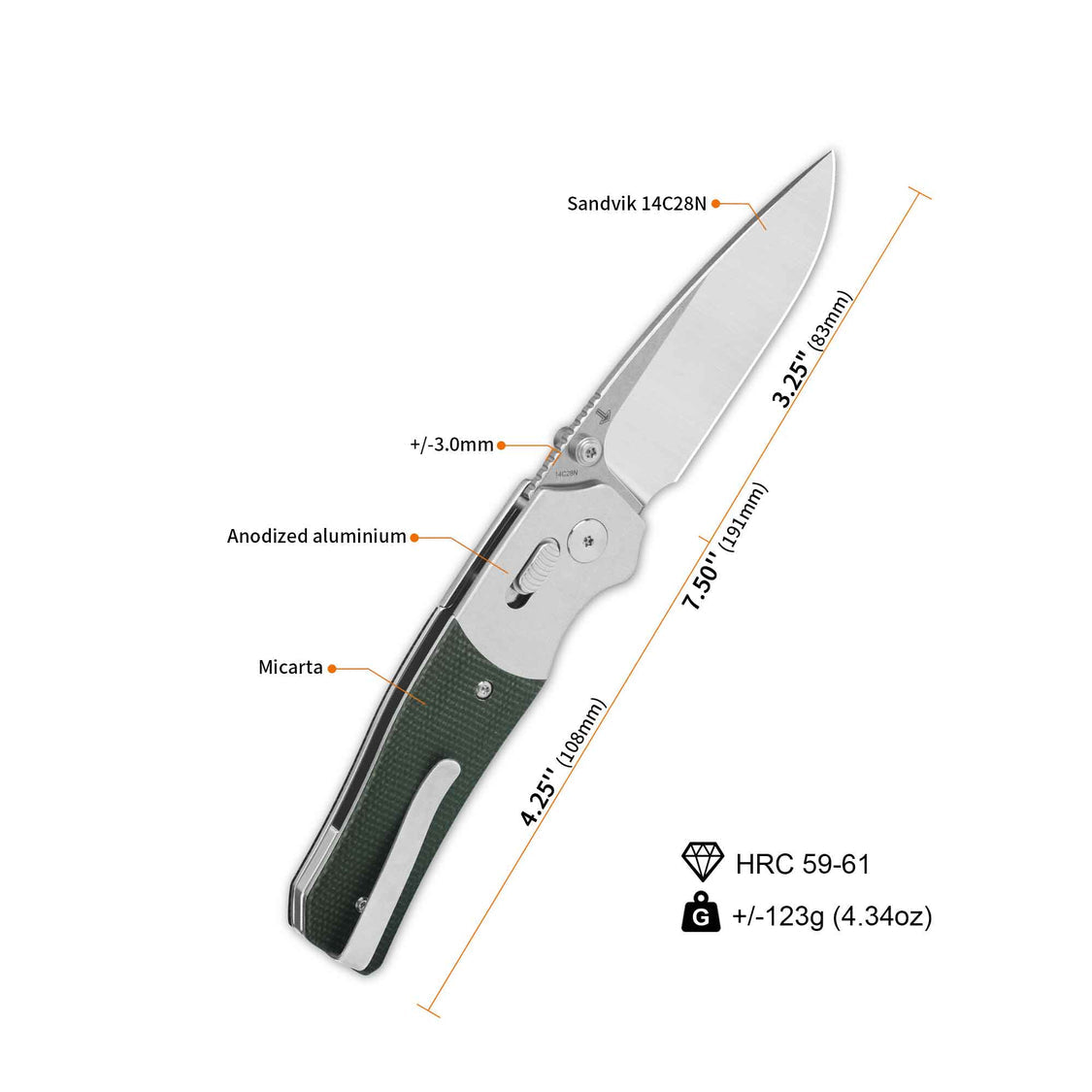 QSP Vault QS157-B1 14C28N Blade Green Micarta Handle Glyde Lock Pocket Knife