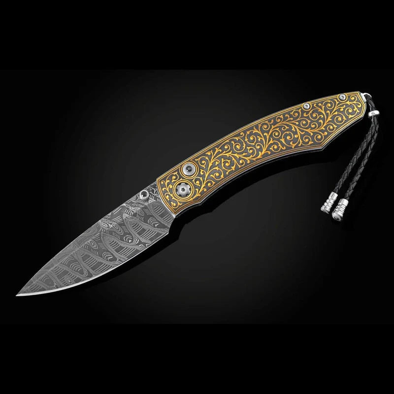 William Henry B12 GOLDEN VIN Damascus Blade 24K Gold Koftgari Frame Folding Knife Button Lock