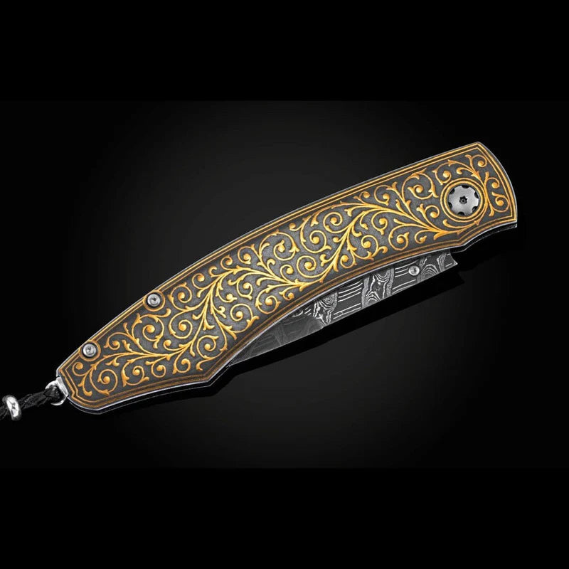 William Henry B12 GOLDEN VIN Damascus Blade 24K Gold Koftgari Frame Folding Knife Button Lock