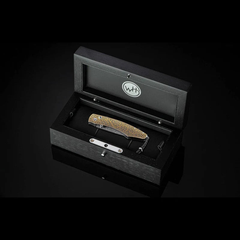 William Henry B12 GOLDEN VIN Damascus Blade 24K Gold Koftgari Frame Folding Knife Button Lock