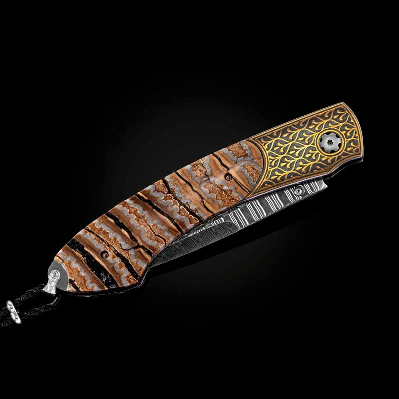 William henry B12 SUERRA Damascus Blade 24K Gold Koftgari Frame inlaid with Fossil Woolly Mammoth Tooth Pocket Knife Button Lock Knives