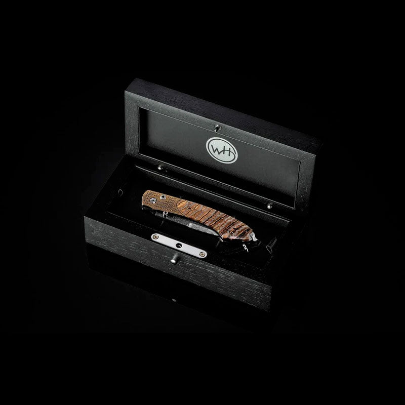 William henry B12 SUERRA Damascus Blade 24K Gold Koftgari Frame inlaid with Fossil Woolly Mammoth Tooth Pocket Knife Button Lock Knives