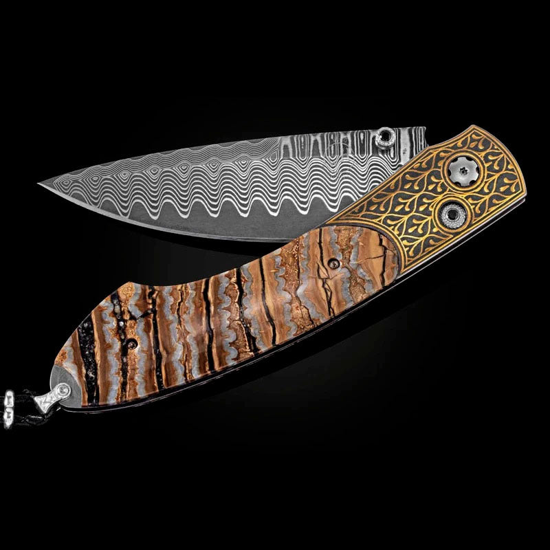 William henry B12 SUERRA Damascus Blade 24K Gold Koftgari Frame inlaid with Fossil Woolly Mammoth Tooth Pocket Knife Button Lock Knives