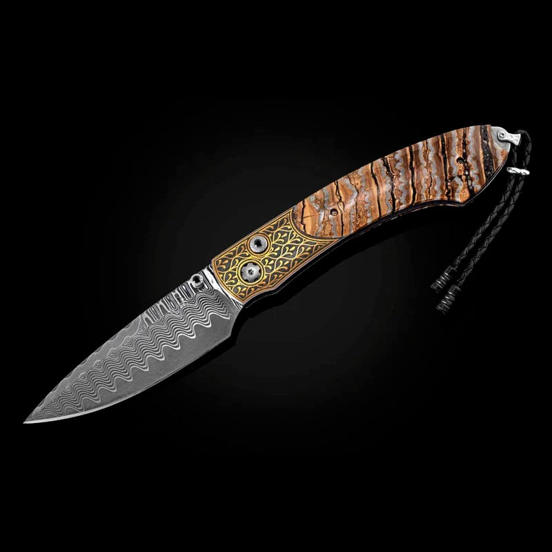 William henry B12 SUERRA Damascus Blade 24K Gold Koftgari Frame inlaid with Fossil Woolly Mammoth Tooth Pocket Knife Button Lock Knives