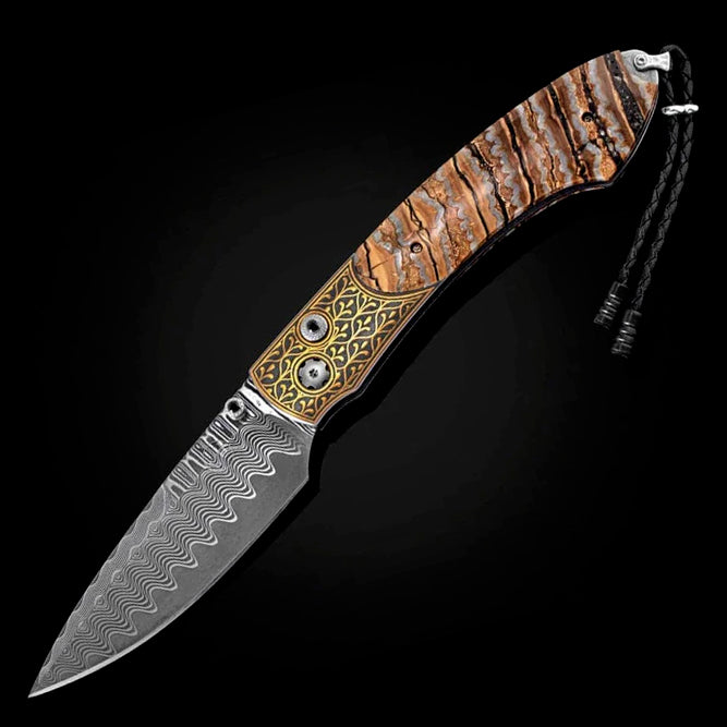 William henry B12 SUERRA Damascus Blade 24K Gold Koftgari Frame inlaid with Fossil Woolly Mammoth Tooth Pocket Knife Button Lock Knives