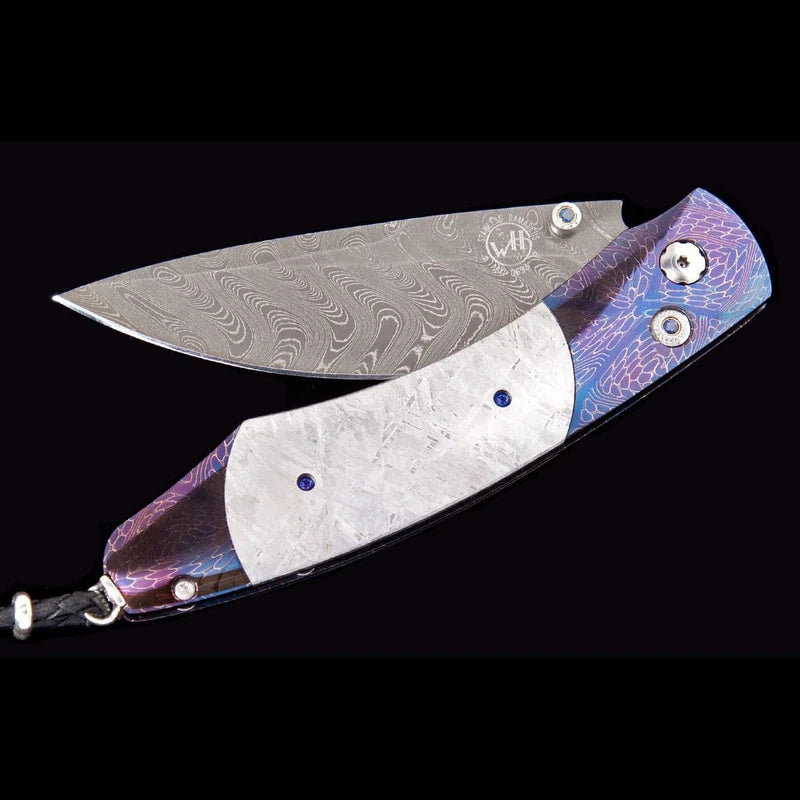 William henry B12 SPATIAL Chad Nichols Damasucs Blade heat-blued damascus handle inlaid with meteorite Pocket Knife Button Lock Knives