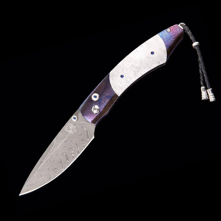 William henry B12 SPATIAL Chad Nichols Damasucs Blade heat-blued damascus handle inlaid with meteorite Pocket Knife Button Lock Knives