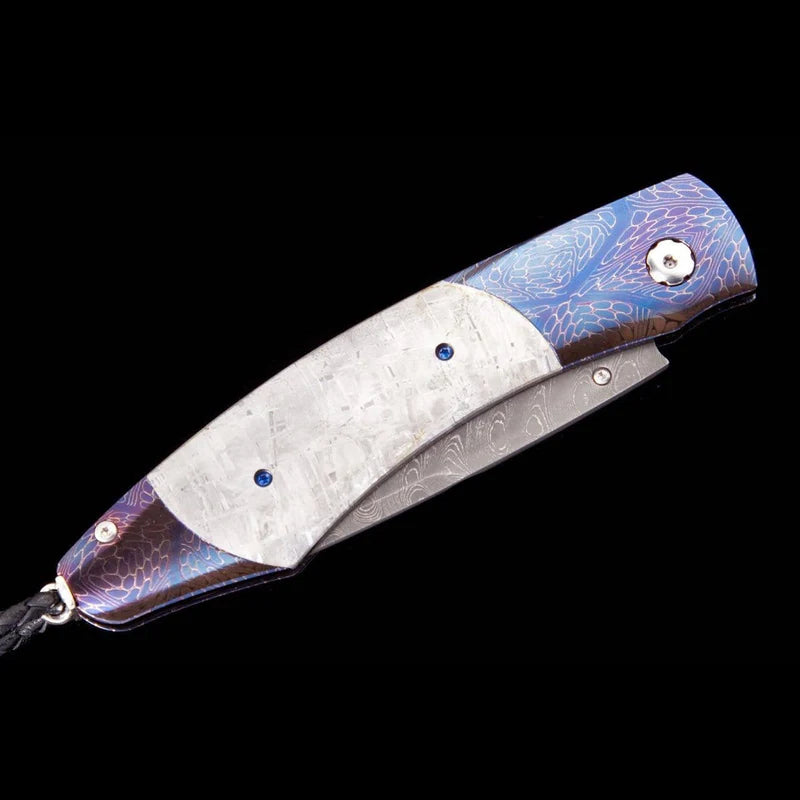 William henry B12 SPATIAL Chad Nichols Damasucs Blade heat-blued damascus handle inlaid with meteorite Pocket Knife Button Lock Knives