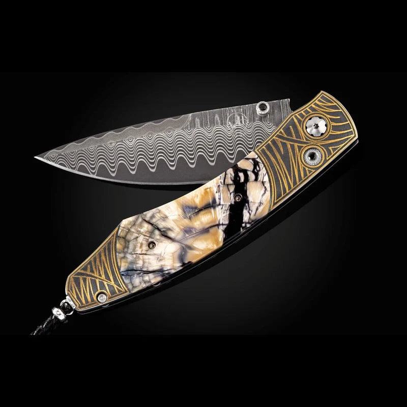 William Henry B12 TUNDRA II Wave Damascus Blade 24K gold Koftgari Fossil Woolly Mammoth Pocket Knife Button Lock Knives
