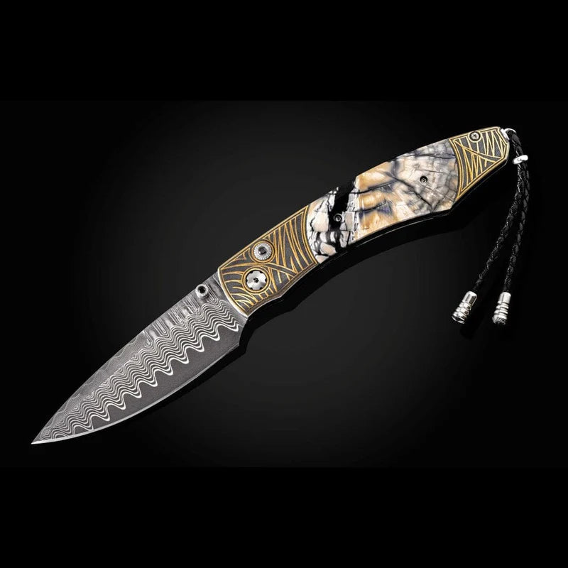 William Henry B12 TUNDRA II Wave Damascus Blade 24K gold Koftgari Fossil Woolly Mammoth Pocket Knife Button Lock Knives