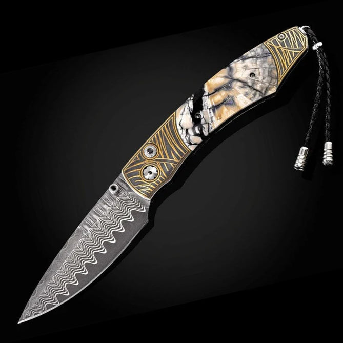 William Henry B12 TUNDRA II Wave Damascus Blade 24K gold Koftgari Fossil Woolly Mammoth Pocket Knife Button Lock Knives