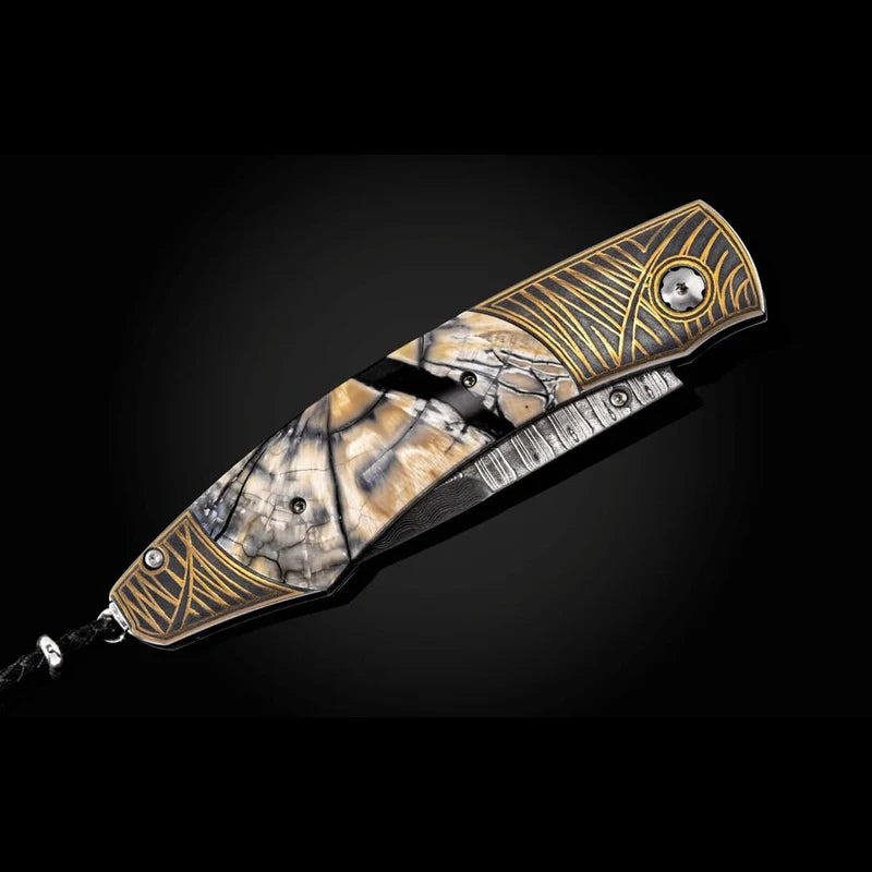 William Henry B12 TUNDRA II Wave Damascus Blade 24K gold Koftgari Fossil Woolly Mammoth Pocket Knife Button Lock Knives
