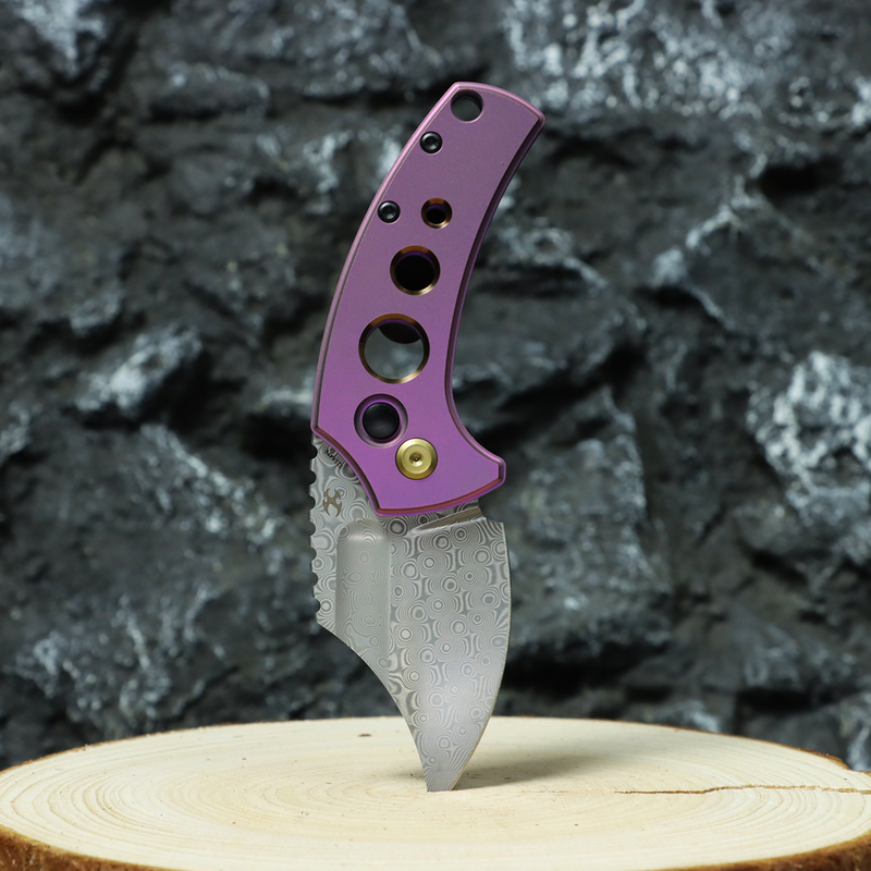 Kansept Wasp T2144F6 Acid Etched Damascus Blade Purple Anodized Titanium Handle Button Lock Folding Knife