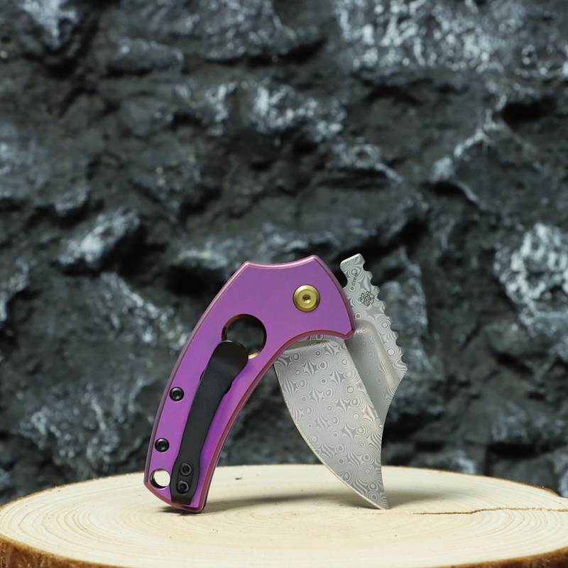 Kansept Wasp T2144F6 Acid Etched Damascus Blade Purple Anodized Titanium Handle Button Lock Folding Knife