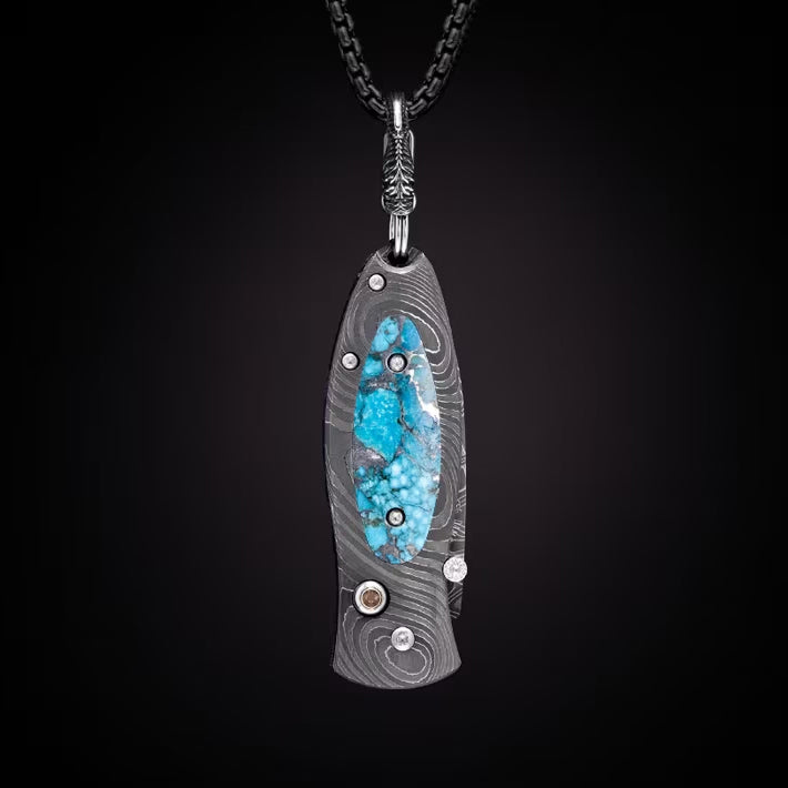 William Henry B02 KINGMAN Pendant Knife Chad Nichols Damascus Blade Damascus Handle inlaid Turquoise