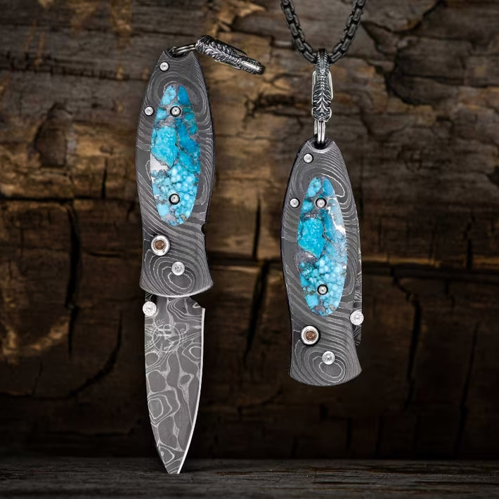 William Henry B02 KINGMAN Pendant Knife Chad Nichols Damascus Blade Damascus Handle inlaid Turquoise