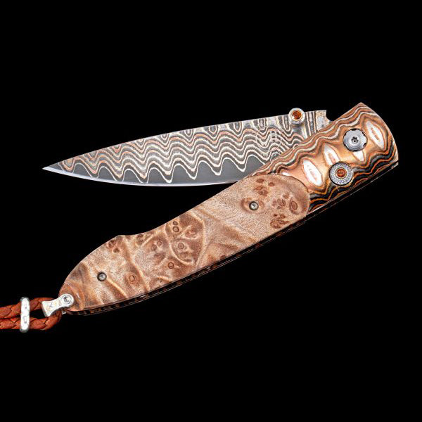 William Henry B10 BURL Copper Wave Damascus Blade Wave Mokume With Handle Button Lock Pocket Knife