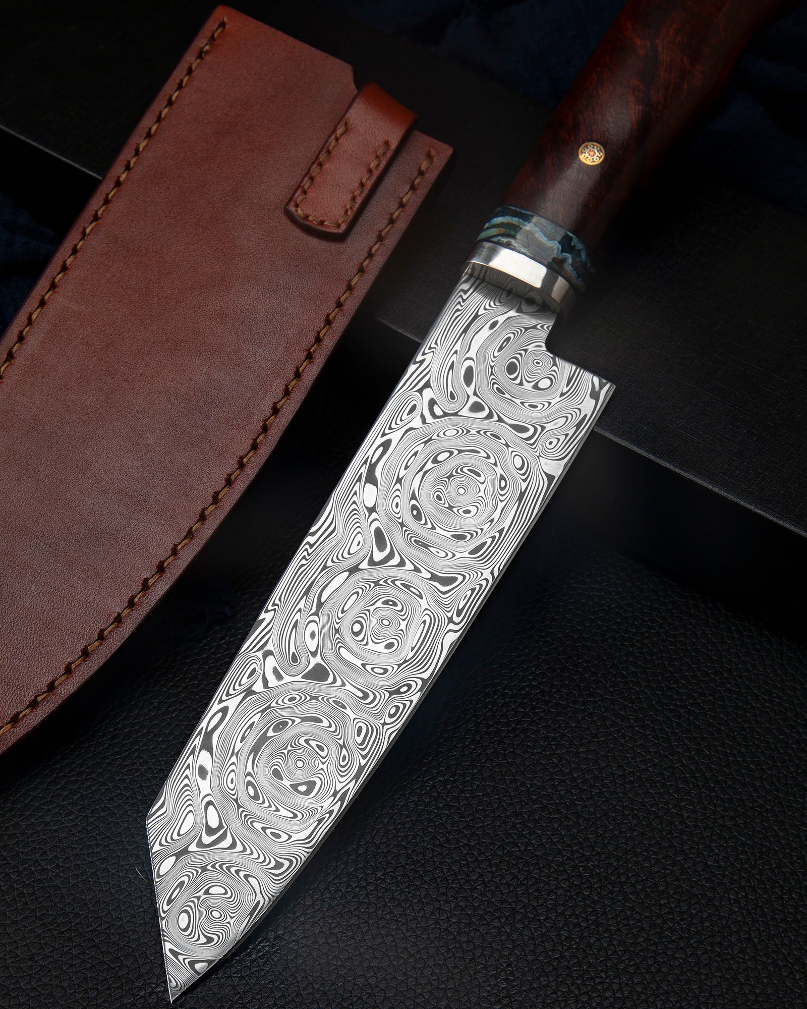 Xin Cutlery Damasteel Chef Knife of Grosserosen Pattern Ironwood and Mammoth Ivory Fossil Handle Knife