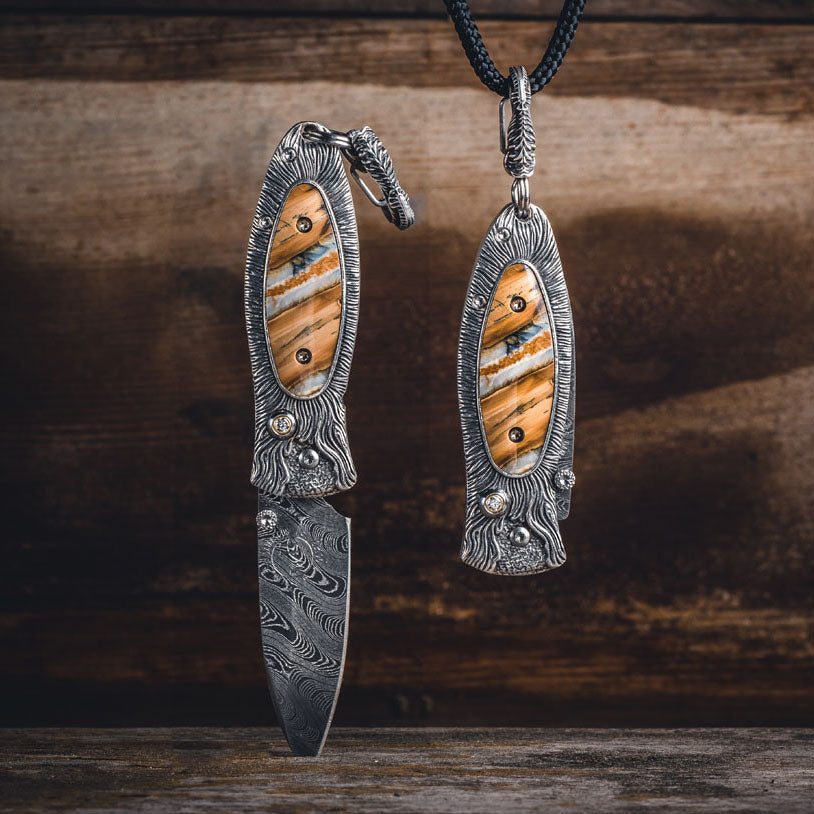 William Henry B02 FIRE Pendant Knife Chad Nichols Damascus Steel Silver Handle Inlaid Fossil Mammoth Tooth