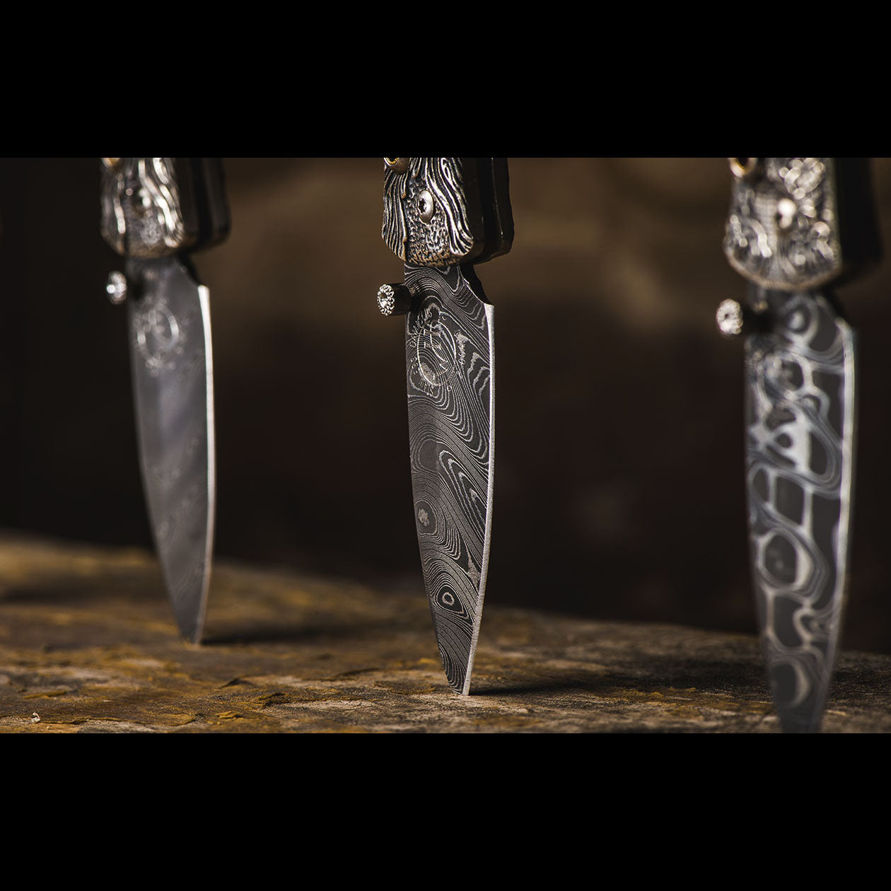 William Henry B02 FIRE Pendant Knife Chad Nichols Damascus Steel Silver Handle Inlaid Fossil Mammoth Tooth
