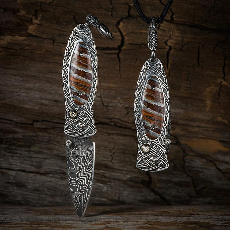 William Henry B02 GALWAY Pendant Knife Chad Nichols Damascus Blade Silver Handle inlaid fossil mammoth tooth